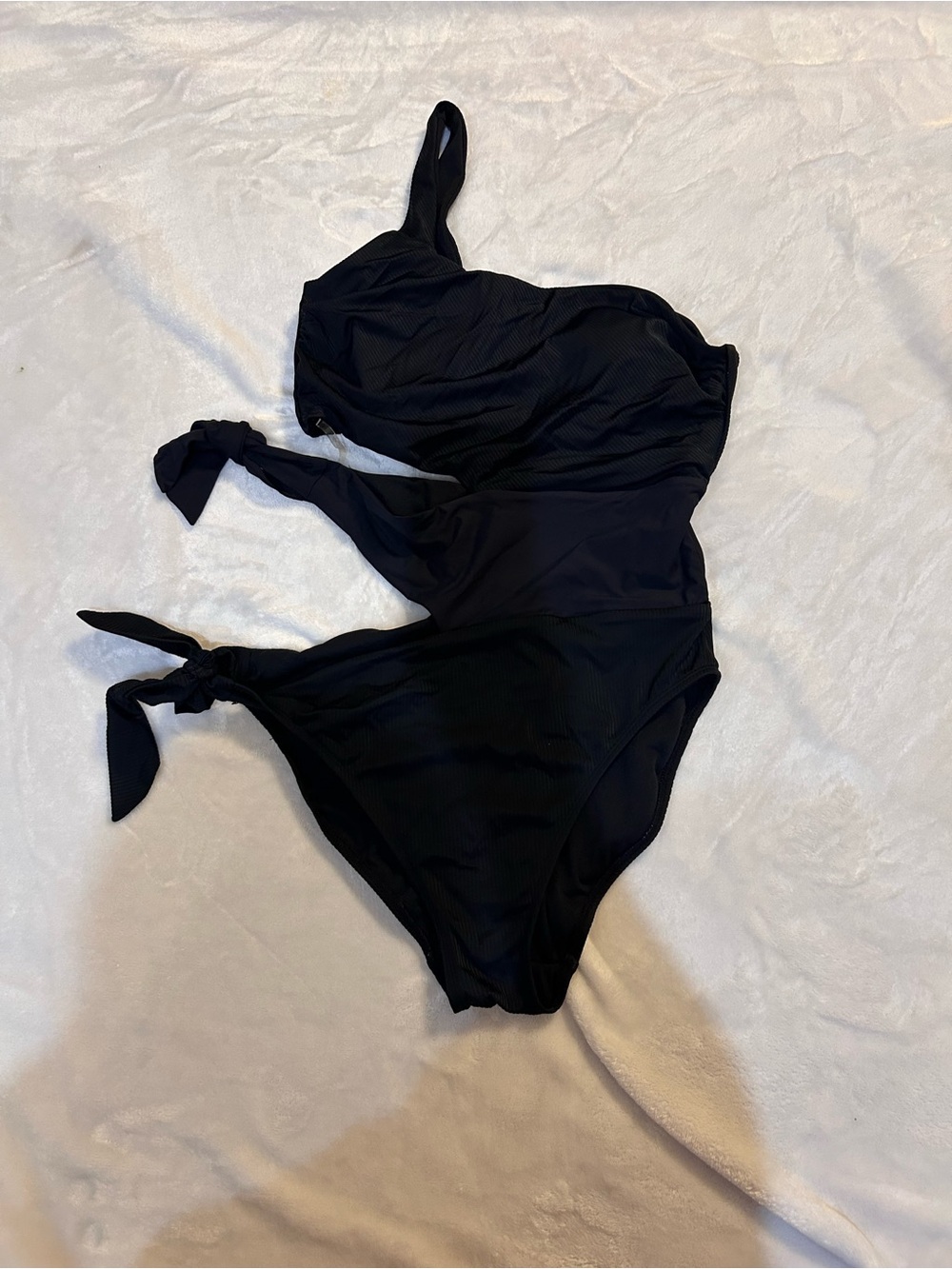 Time and Tru Black One-Shoulder One-Piece Swimsuit with Side Ties EUC